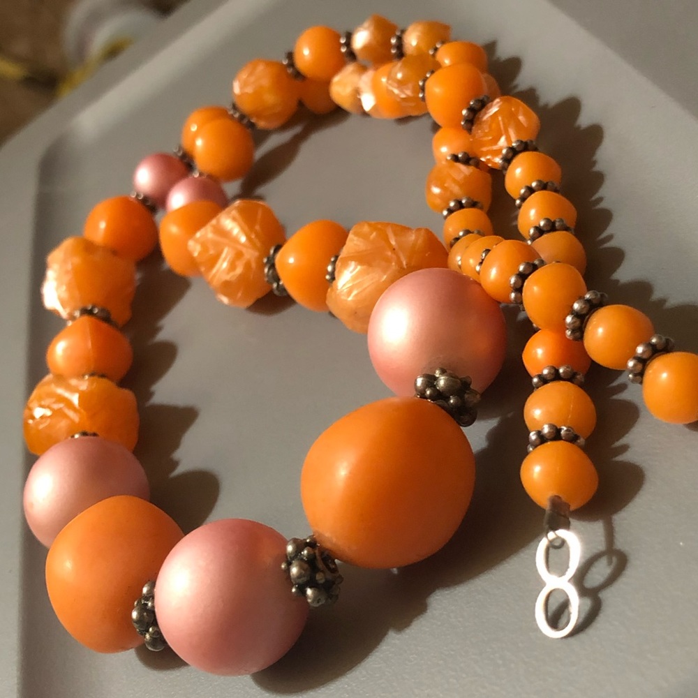 Long Pink & Orange Carved Celluloid? Necklace